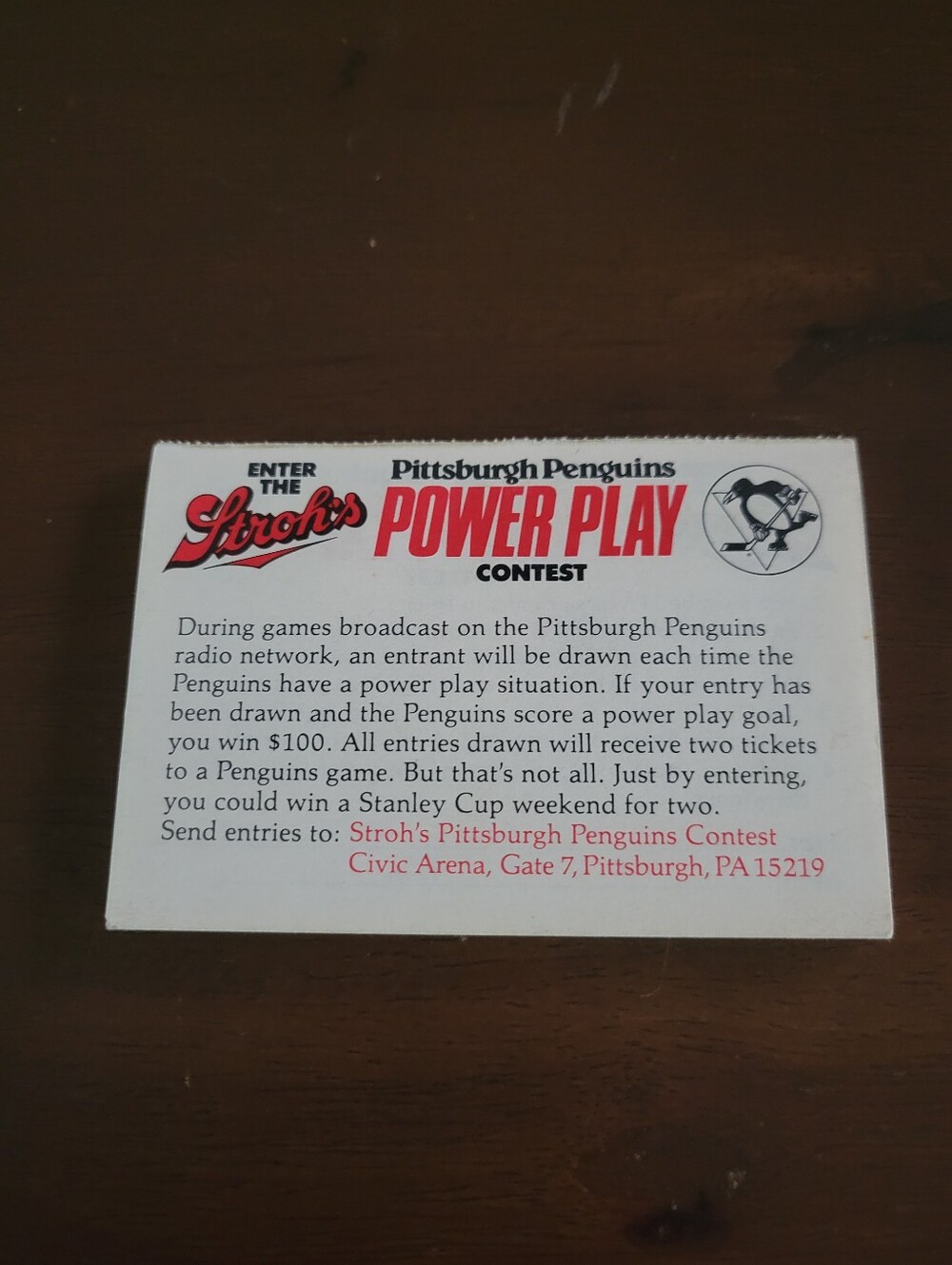 Vintage Stroh's Pittsburgh Penguins Power Play Contest Entry Form Pad